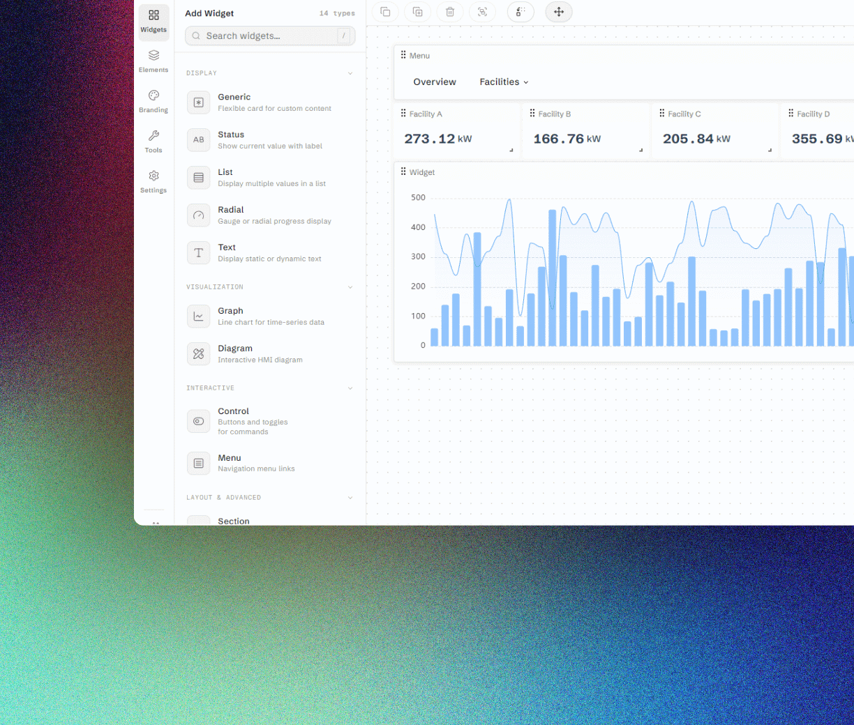 ControlCom Connect dashboard builder with live facility power widgets and a time-series chart