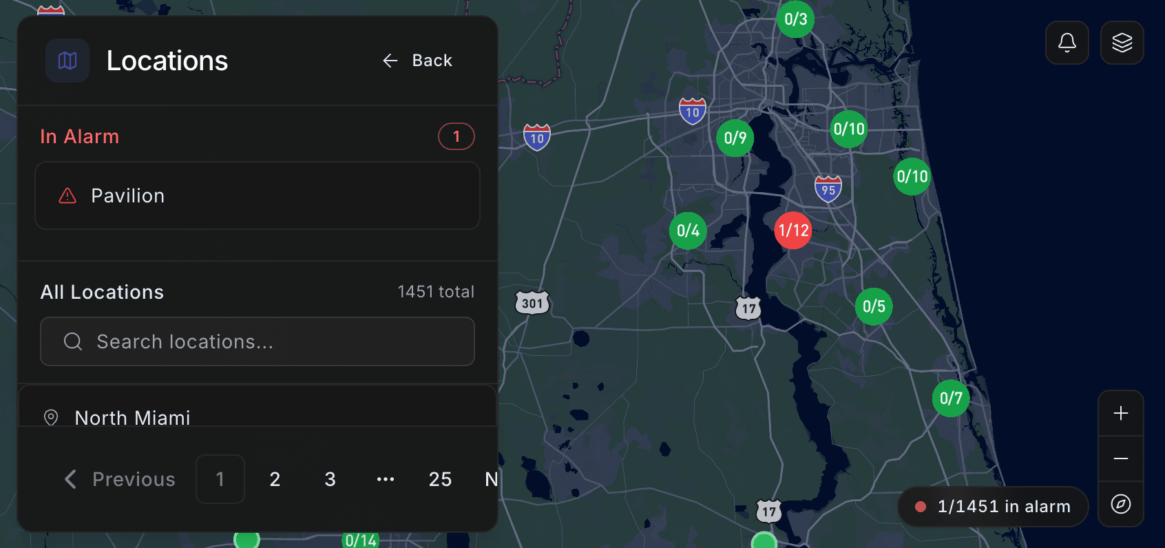 Portfolio map with site pins, weather overlay, and selected-site details